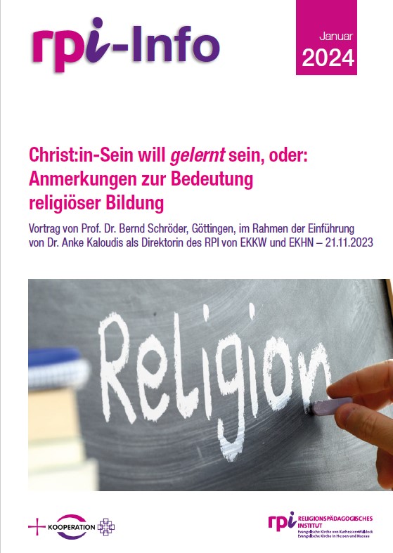 Cover des Heftes RPI INfo 1/2024: Das Wort Religion wird mit Kreide auf eine Tafel geschrieben